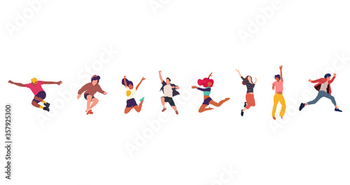 Happy jumping people flat vector illustration. Cheerful corporate employees cartoon characters set. Young male and female people in casual clothes isolated clipart. Diverse group of people.