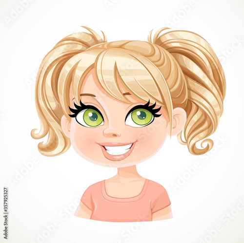 Beautiful blond girl with straight hair gathered in two ponytail portrait isolated on white background