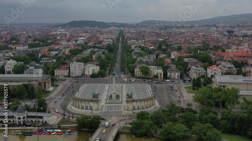Beautiful views of Heroes' Square and the Andrassy Street behind it. In front of it is the city park and boating. Tourist attraction without tourists in the coronavirus period. Drone recording.