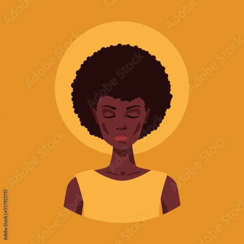 Portrait of a young beautiful african american woman meditating with closed eyes. Vector flat illustration of a peaceful crying lady with curly afro hairstyle and dark skin. Female sad female face