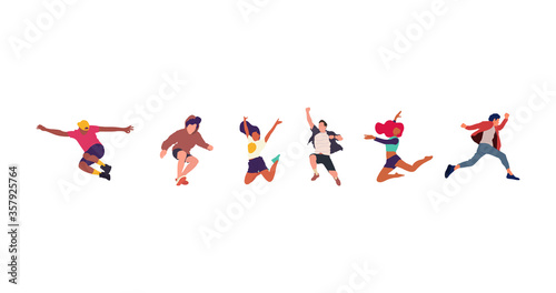 Happy jumping people flat vector illustration. Cheerful corporate employees cartoon characters set. Young male and female people in casual clothes isolated clipart. Diverse group of people.