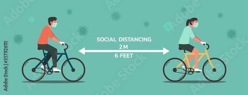 man and woman cycling together and maintain social distancing to prevent virus spreading, outdoor activity, vector flat illustration