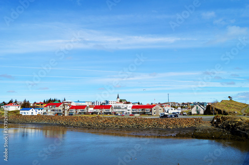 Borgarnes village view with waer fjord reflection in a sunny day, Iceland © Nacho Á Ortiz-Repiso