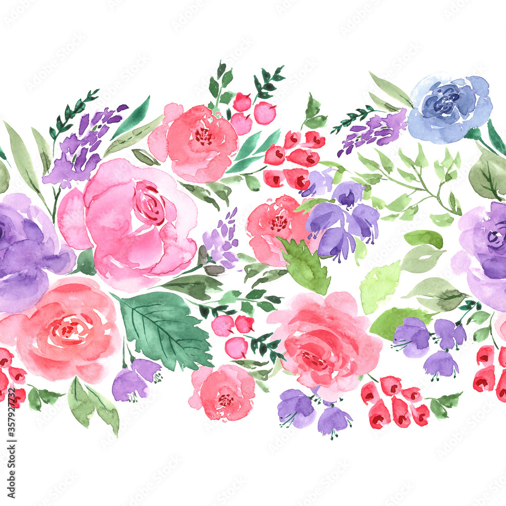 seamless border of delicate pink and lilac watercolor flowers