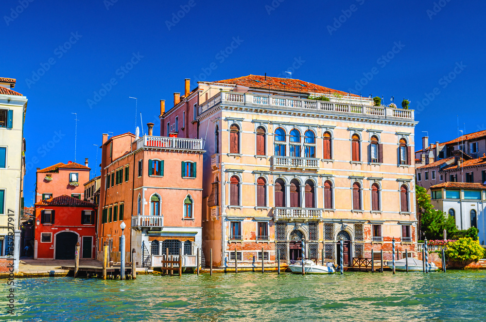 Palazzo Contarini palace building in Cannaregio sestiere from Grand Canal waterway in Venice historical city centre, blue clear sky background in summer day, Veneto Region, Italy