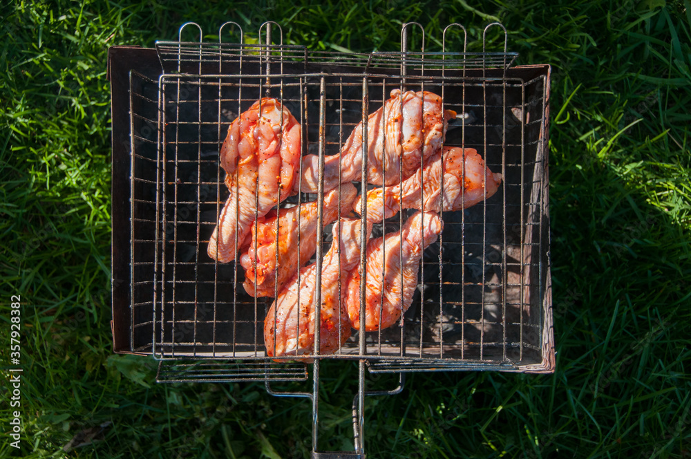 Naklejka premium Chicken meat cooked on fire. Grilled meat. Cooking at backyard. Food. Fried meat. Food background. Chicken legs. Green grass
