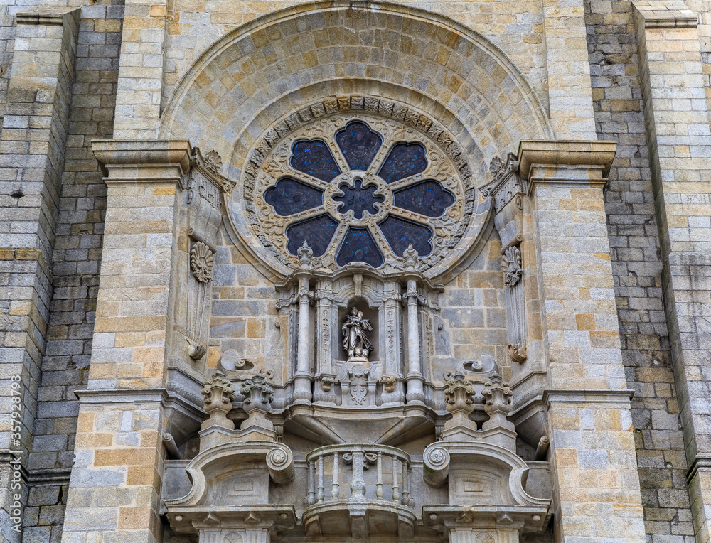 Facade of Porto Cathedral or Se Catedral do Porto, built in 12th century and located in center old town Porto, Portugal