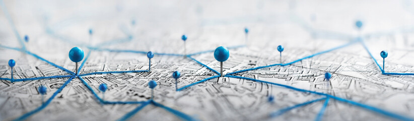 Find your way. Location marking with a pin on a map with routes. Adventure, discovery, navigation, communication, logistics, geography, transport and travel theme concept background.