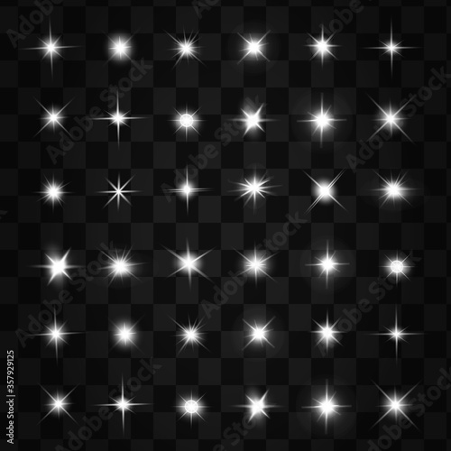 Glow isolated white transparent light effect set, lens flare, explosion, glitter, line, sun flash, spark and stars. Abstract special effect element design.