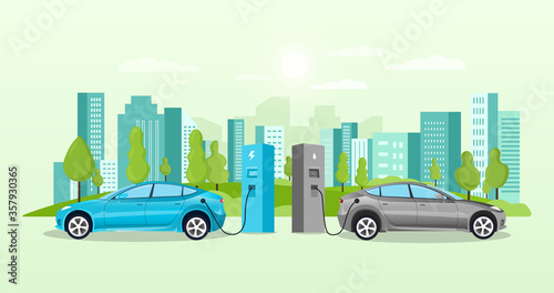 Alternative fuel concept with electric cars charging at charging points in front of a cityscape with skyscrapers, colored vector illustration