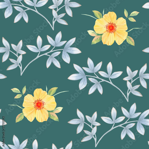Seamless watercolor pattern. Art watercolor for design, packaging and printing. Ornament of leaves and flowers. Yellow flowers on a green background.