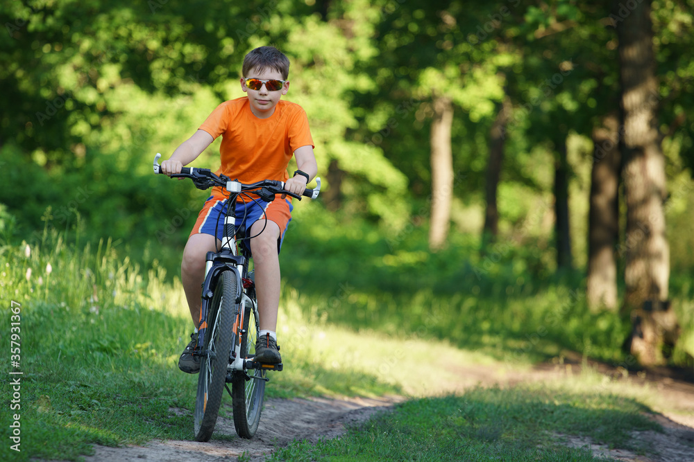 Fototapeta premium Smiling boy on a bicycle riding in the park