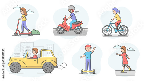 Concept Of Active Leisure And Environmental Modes of Transport. Characters Use Different Types Of Transport. Set Of People Ride And Have Fun. Cartoon Linear Outline Flat Style. Vector Illustration