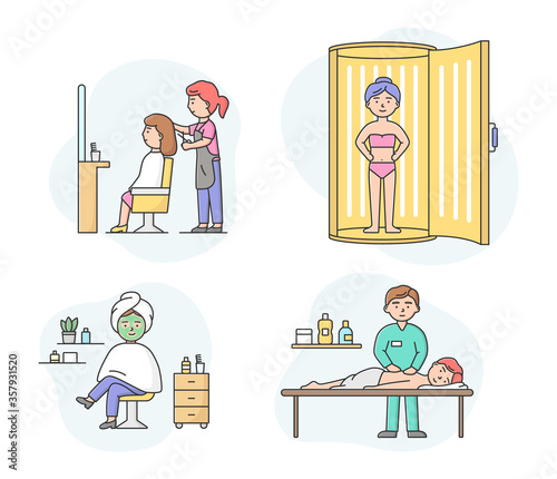 Concept Of Health Care And Beauty. Set Of People Visiting Spa Salon And Make Different Procedures. Boys And Girls Visit Beauty Salon And Hairdresser. Cartoon Linear Outline Flat Vector Illustration