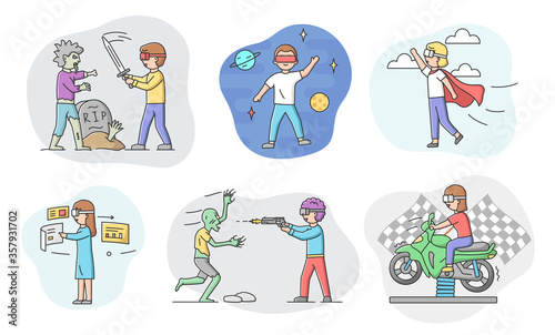 Concept Of Virtual Reality Games. Set Of People In Goggles Play Real Time VR Games. Characters Imagine Themselves By Superheroes And Great Persons. Cartoon Linear Outline Flat Vector Illustration