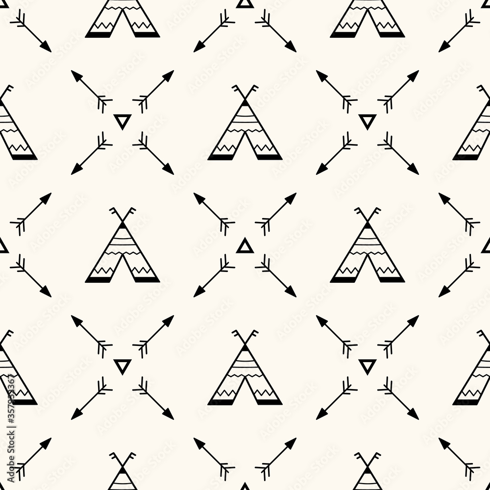 Vector seamless geometric pattern with wigwams, teepee, arrows and triangle shapes. Scandinavian style background for kids. Cute minimalistic native americans backdrop for prints, textile, fabric