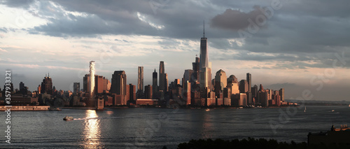 Panoramic sunset view of Manhattan skyline from Hoboken. New York. USA.