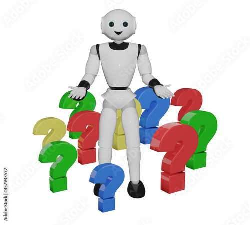 humanoider roboter steht in bunten Fragezeichen. 3d rendering © Stefanie