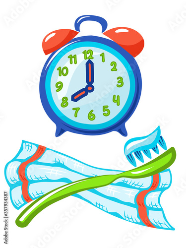 Alarm clock, a toothbrush with paste, towel. On a white background.