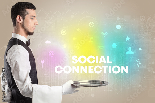 Waiter serving social networking with SOCIAL CONNECTION inscription, new media concept