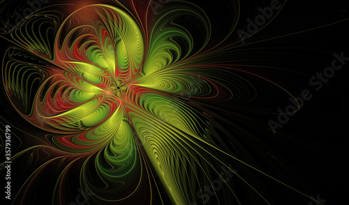 Fractal fantasy abstract flower on a black background. The pattern is red and green