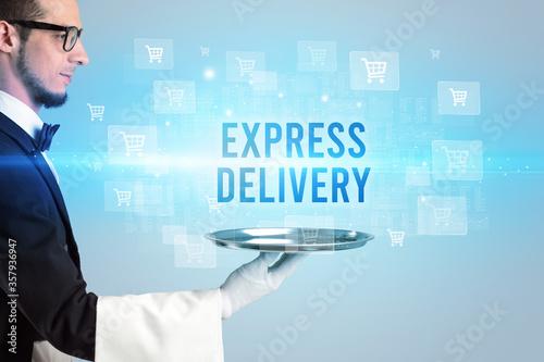 Waiter serving EXPRESS DELIVERY inscription, online shopping concept