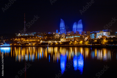 Baku city sea side night view from boulevard park