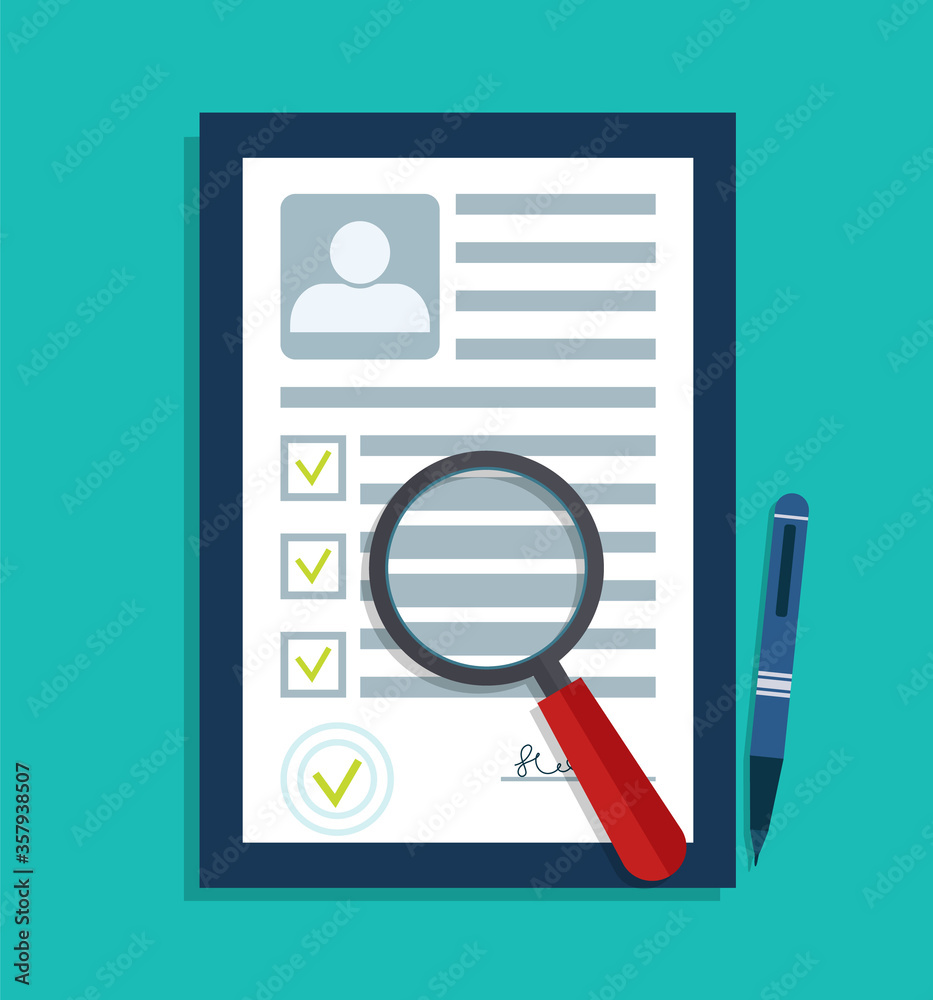 CV data. Personal resume document. ID profile of person in recruitment. Information form employee on work. Test of skills, interview, analytics before hiring. Job card. Paper, magnifying. Vector. CV data. Personal resume document. ID profile of person in recruitment. Information form employee on work. Test of skills, interview, analytics before hiring. Job card. Paper, magnifying. Vector.