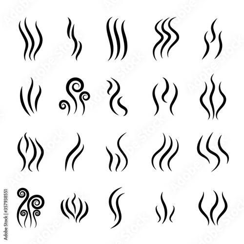 Steam and smoke icon. Logo of smell, aroma from grill. Heat and odor from fire with flame. Hot coffee symbol. Silhouette of perfume scent. Lines of gas or water. Graphic smog from evaporation. Vector