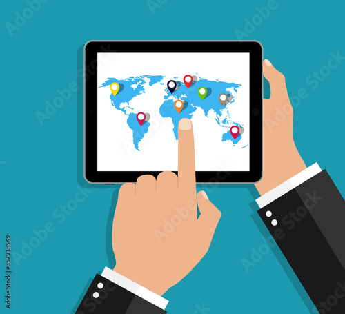 World map in tablet. Hand hold pc with earth map and infographic pointers. Gps app for travel, business. Web graphic interface on digital screen. Smart tablet in man hands for global network. Vector