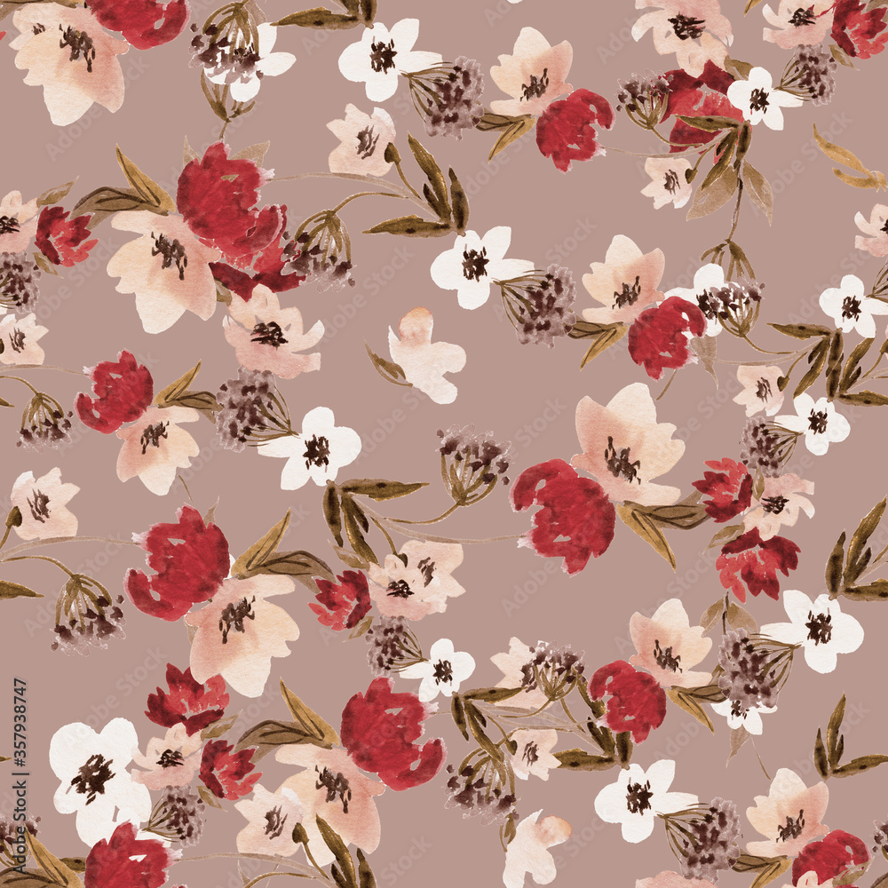Hand drawn flowers watercolour seamless pattern. Roses, anemone, peony blossom hand drawn texture.