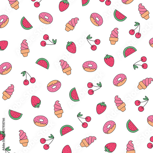 Fruit hand drawn pattern. Colorful cute wallpaper vector illustration. Design for fabric and decorations.