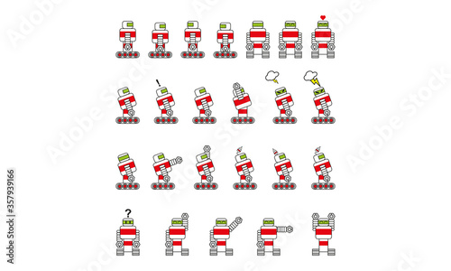 Robot cartoon, simple drawing, in various positions