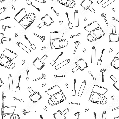 Hand drawn Make up Cosmetics doodle elements. Cosmetic doodles isolated vector illustrations on a white background. Cosmetics and makeup seamless pattern.