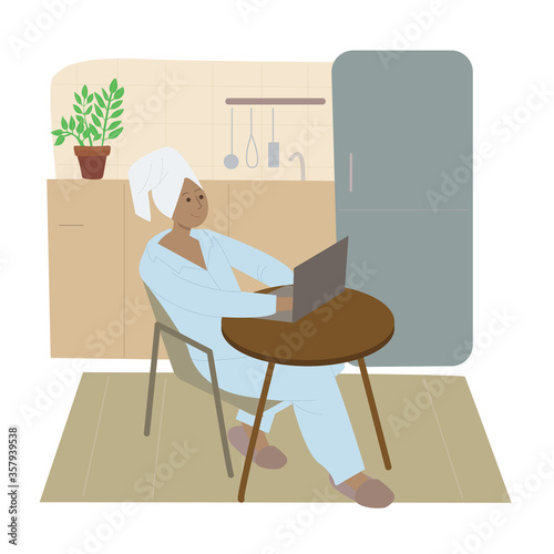 Vector illustration. Girl freelancer sits at a laptop in pajamas and with a towel on her head in the kitchen.