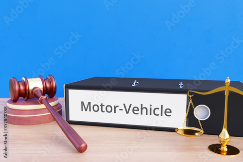 Motor-Vehicle – File Folder with labeling, gavel and libra – law, judgement, lawyer