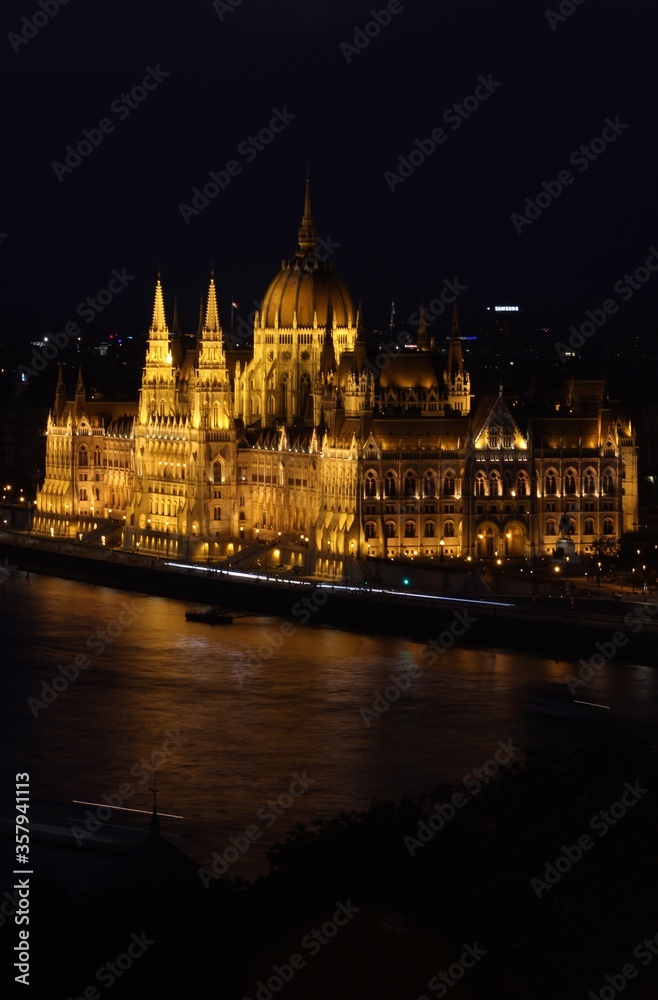 Hungarian parliament building at night in Budapest