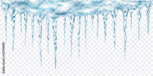Group of translucent light blue realistic icicles of different lengths connected at the top. For use on light background. Transparency only in vector format