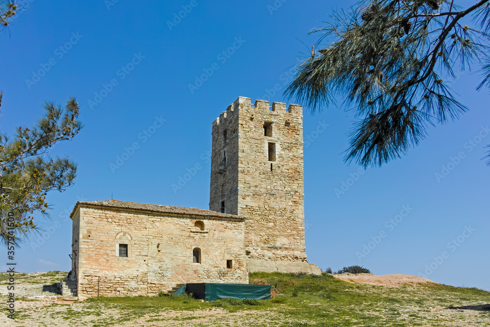 Byzantine Tower in town of Nea Fokea, Chalkidiki, Greece