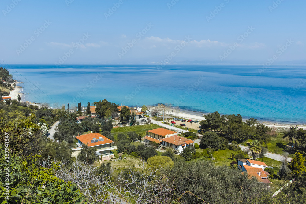 Panoramic view of beach of town of Afytos, Kassandra, Greece