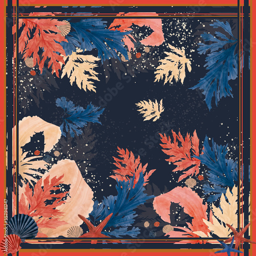 foulard Illustration hand drwan pattern sea weeds