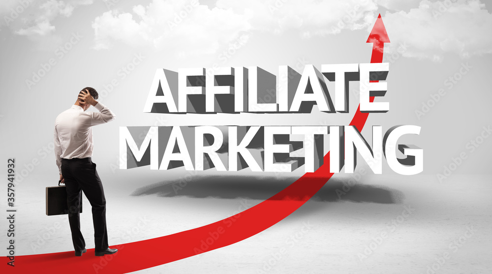 Rear view of a businessman standing in front of AFFILIATE MARKETING inscription, successful business concept Rear view of a businessman standing in front of AFFILIATE MARKETING inscription, successful business concept