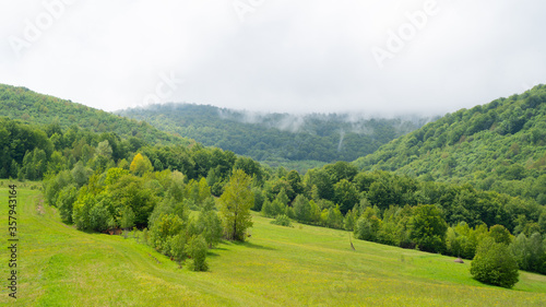 View of Mount Pikuy. way up the mountain through a green meadow and forest. clouds over the mountains. fog over forest