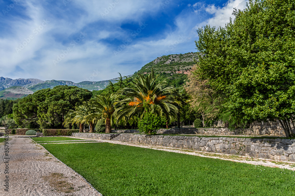 Landscaped garden near Famous Sveti Stefan Island. 6 kilometers southeast of Budva. Montenegro.