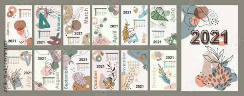 Monthly wall 2021 calendar floral line art vector leaves background,