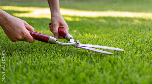 Symbol for perfection. A worker is using a hedge trimmer to cut the grass. photo