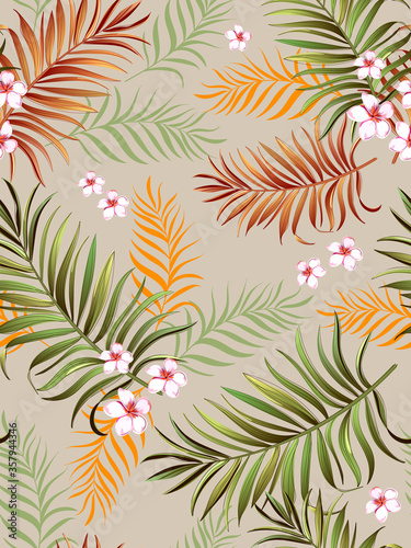 Tropical vector seamless background. Jungle pattern with exitic flowers  and palm leaves. Stock vector. Jungle vector vintage wallpaper