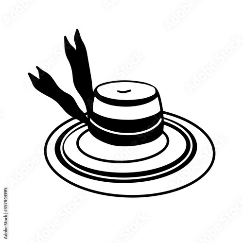 Straw hat with wide brim isolated on white background. Women's elegant hat in the style of doodles. Hand drawn vector illustration