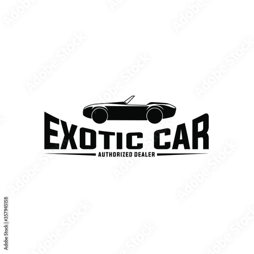 Black car silhouette vector illustration with curved exotic car text isolated on white background suit for car service center or auto garage logo