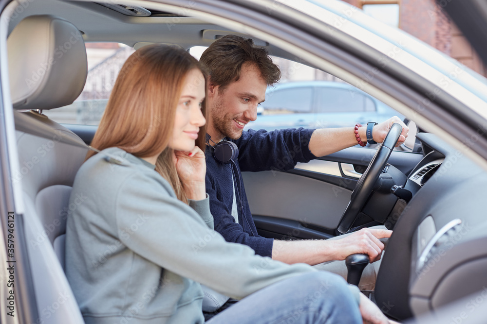 Thoughtful optimistic couple having auto trip together